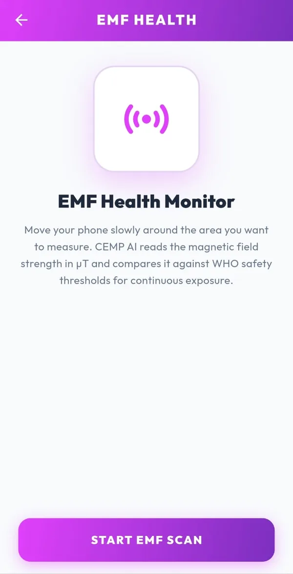 EMF Health meter screen in CEMP Life